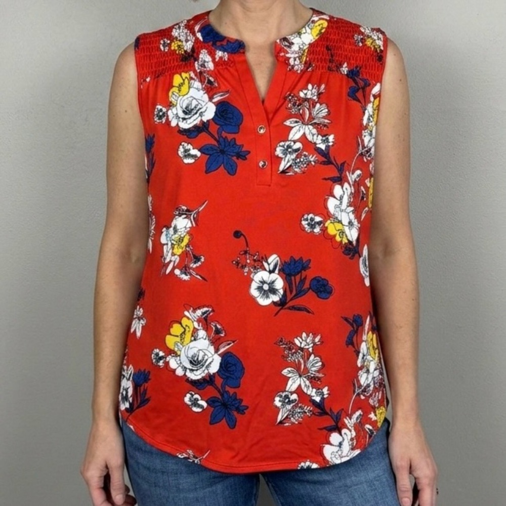 PerSeption Concept Red Floral Sleeveless Blouse Smocked Shoulder Top Large EUC